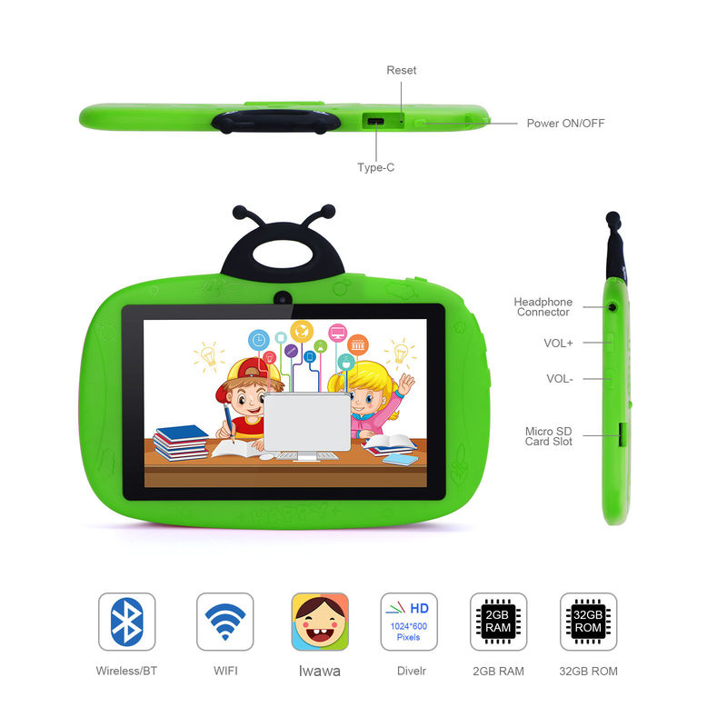 C idea Dual Camera WiFi 7 Inch Tablet PC Android Bambini per l'apprendimento dei bambini piccoli 128GB con Case/ Kids App CM75 (verde)