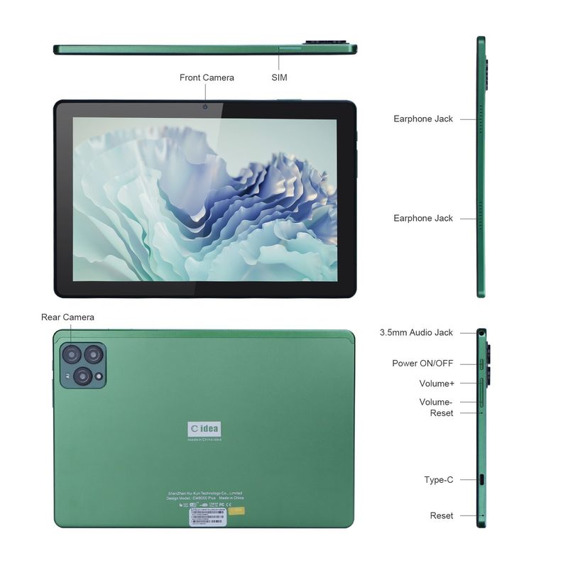 C idea Tablet PC da 10 pollici con fotocamere da 13MP + 16MP e 256GB di memoria estesa display IPS ad alta definizione CM8000plus