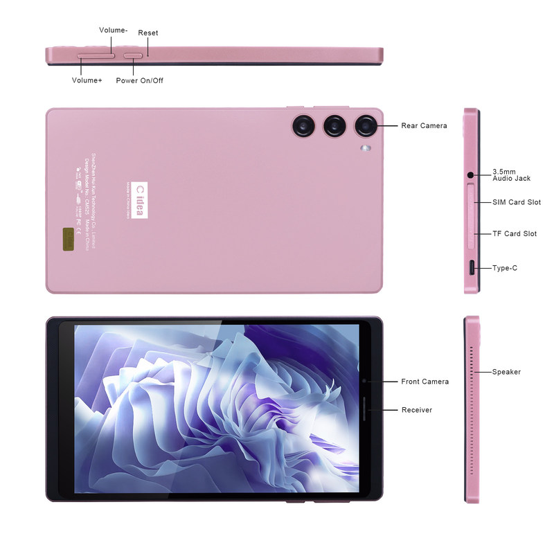 C Idea Android 12 Tablet 6GB RAM 128GB ROM Con SIM 7 Pollici Tablet PC Per Studenti CM525 Rosa