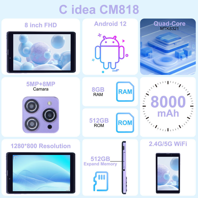 C Idea Portable 8 In Android Tablet PC 8 GB RAM 512 GB Android 12 Tablet IPS HD Display Quad Core CM818-Purple