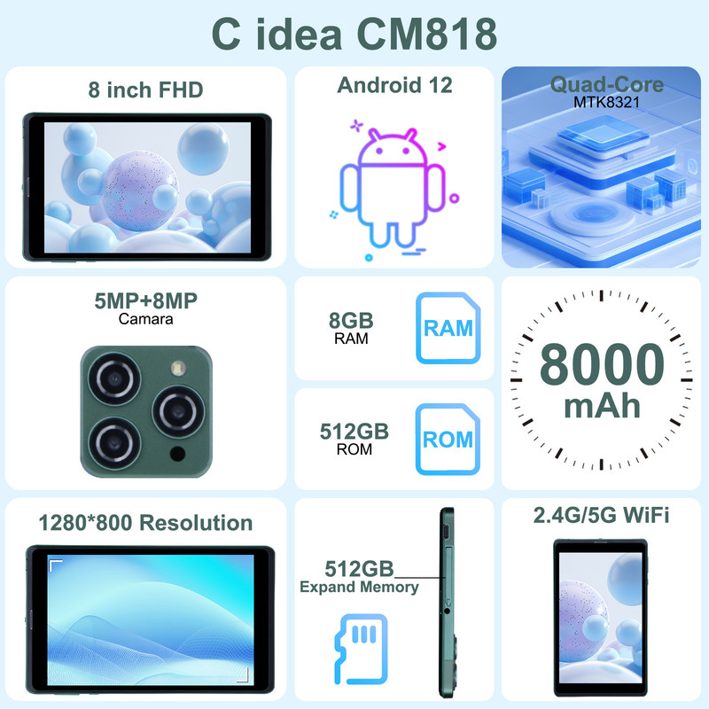 C idea 8 pollici Android Tablet PC Con Android 12 OS Quad Core CPU 8GB RAM 512GB Storage IPS HD Display CM818-Green