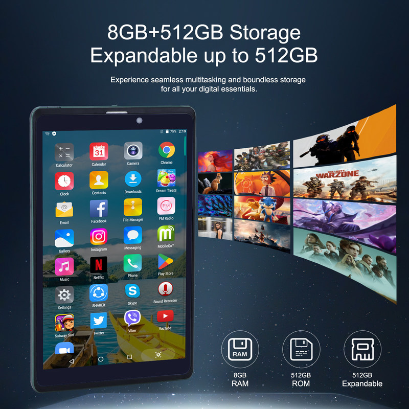 C idea 8 pollici Android Tablet PC Con Android 12 OS Quad Core CPU 8GB RAM 512GB Storage IPS HD Display CM818-Green