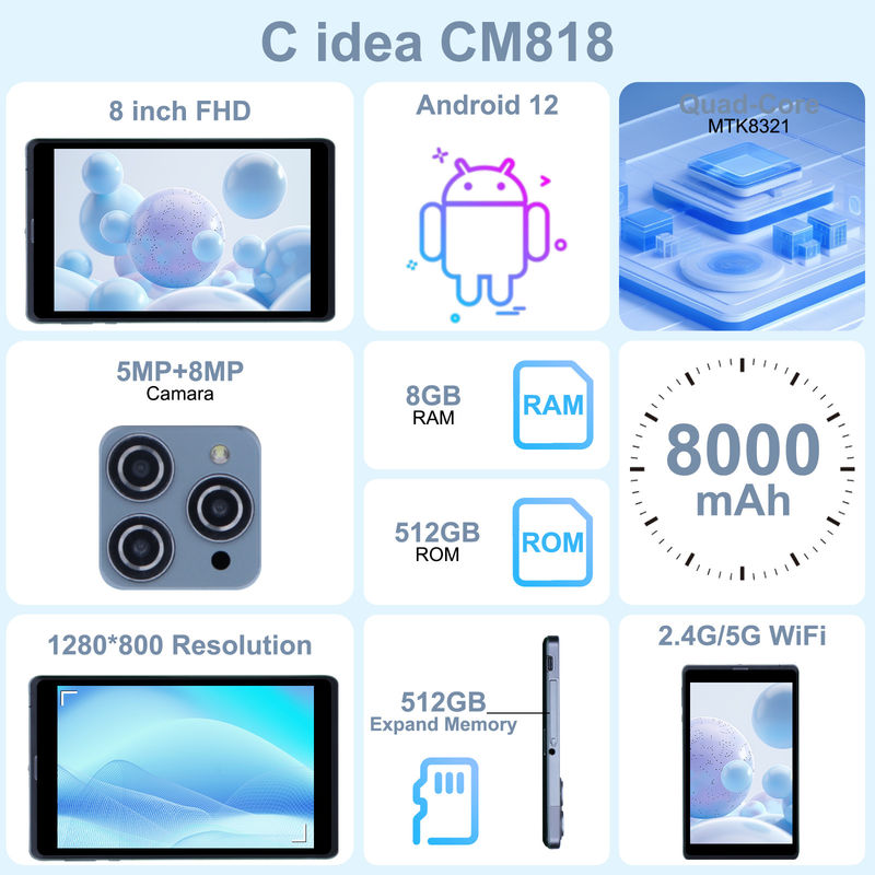 C idea Tablet Android PC con doppia fotocamera 8 pollici 1280x800 IPS HD Display Tablet Android 12 per studenti CM818-Gray