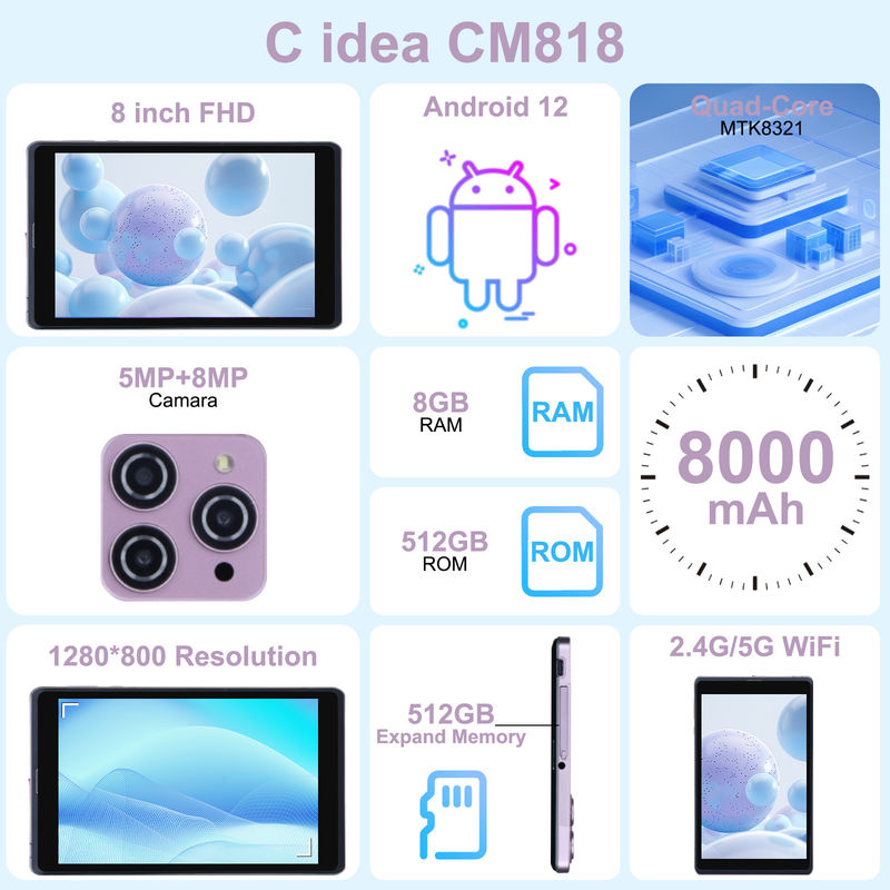 C idea 8 pollici Android 12 Tablet 8000mAh Batteria 5+8MP Fotocamera 8GB RAM 512GB ROM per l'istruzione L'apprendimento CM818-rosa