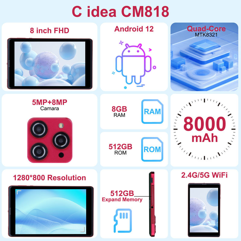 C idea 8 pollici Android 12 Tablet 8GB RAM 512GB ROM 8000mAh Batteria 5+8MP Fotocamera per studenti con supporto SIM CM818-rosso