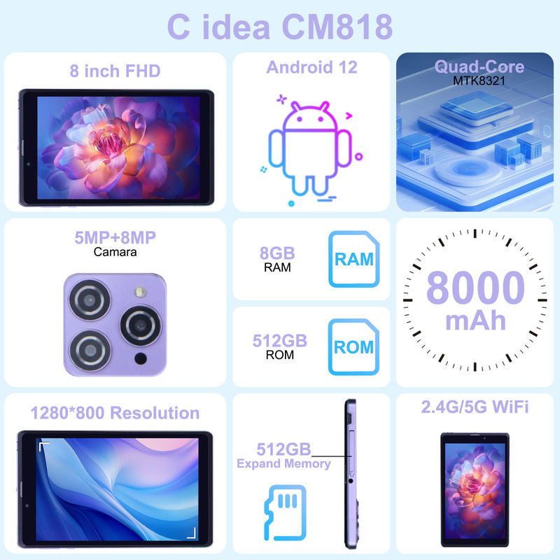 C Idea Portable 8 In Android Tablet PC 8 GB RAM 512 GB Android 12 Tablet IPS HD Display Quad Core CM818-Purple