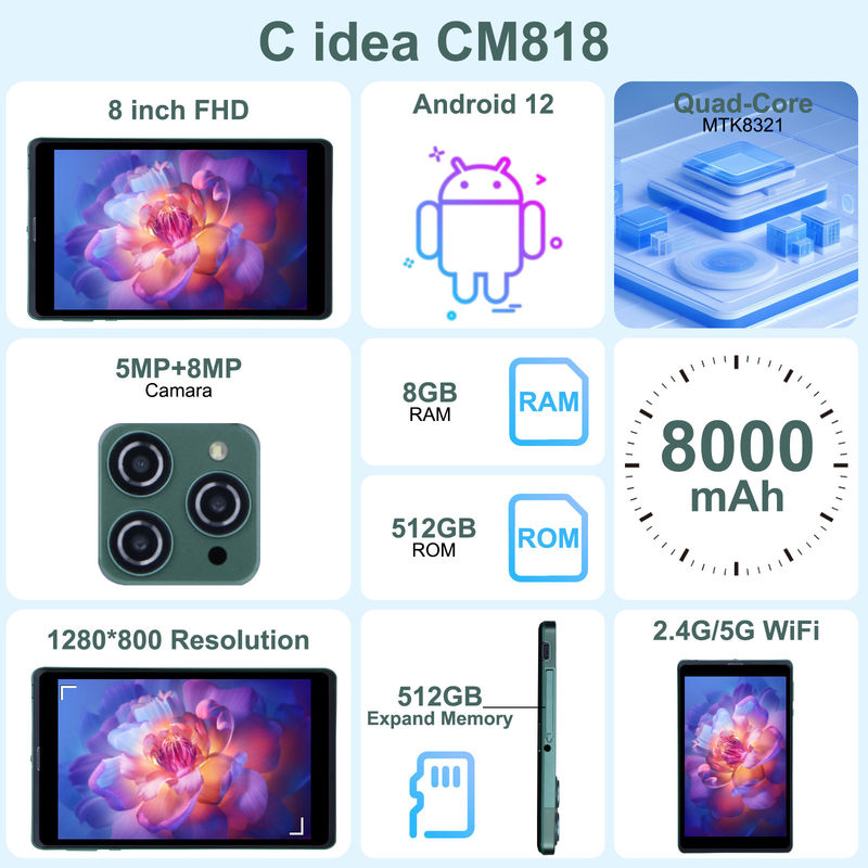 C idea Tablet portatile Android da 8 pollici con Android 12 Quad Core CPU 8GB RAM 512GB Storage IPS HD Display CM818-Green