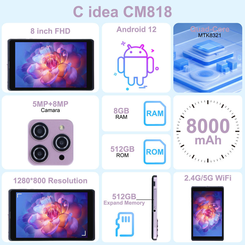 C Idea 8 pollici Android 12 Tablet 8000mAh Batteria 5MP + 8MP Fotocamera 8GB RAM 512GB ROM Per l'istruzione Imparare CM818-rosa