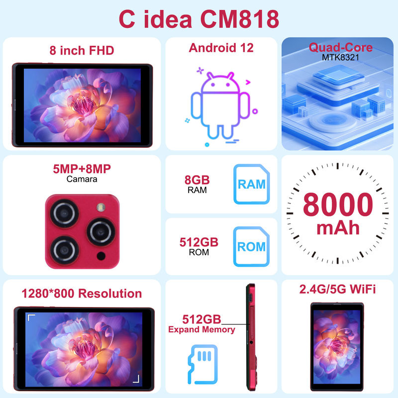 C idea 8 pollici Android 12 Tablet 8GB RAM 512GB ROM 8000mAh Batteria 5+8MP Fotocamera per adolescenti con supporto SIM CM818-rosso
