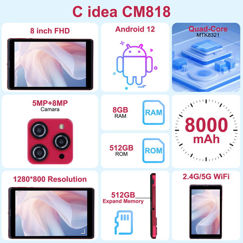 C idea 8 pollici Android 12 Tablet 8GB RAM 512GB ROM 8000mAh Batteria 5+8MP Fotocamera per studenti con supporto SIM CM818-rosso
