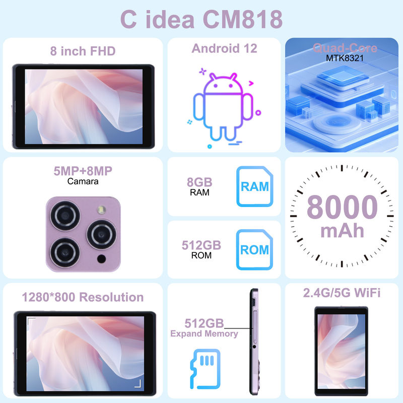 C idea 8 pollici Android 12 Tablet 8000mAh Batteria 5+8MP Fotocamera 8GB RAM 512GB ROM per l'istruzione L'apprendimento CM818-rosa