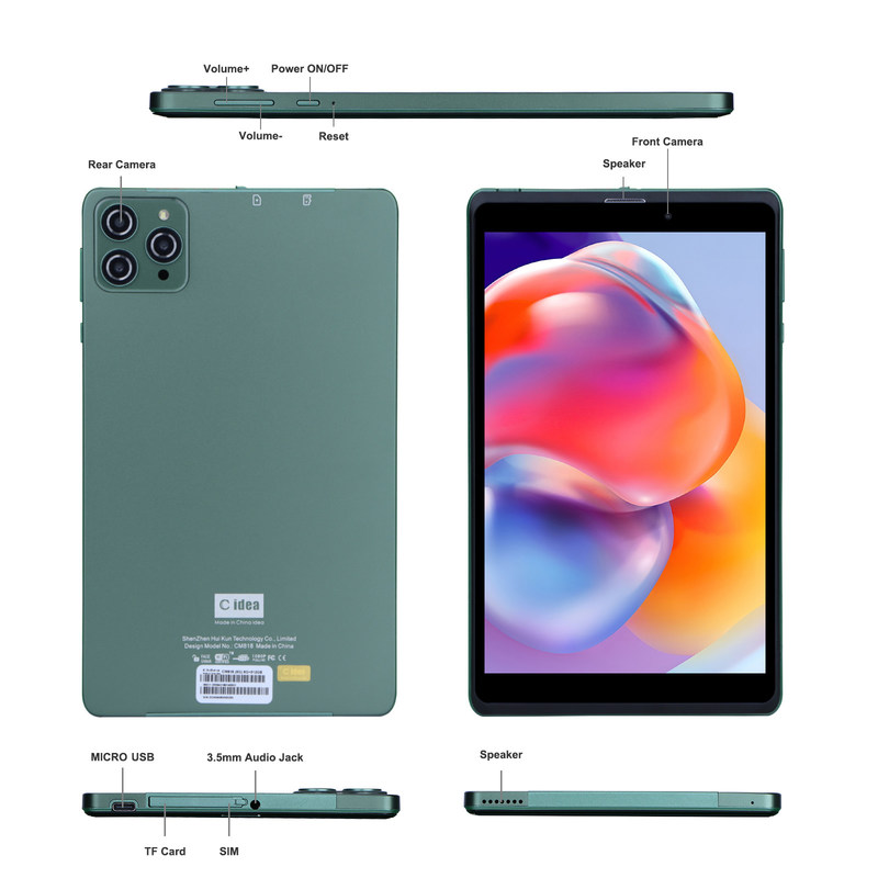 C idea 8 pollici Android Tablet PC Con Android 12 OS Quad Core CPU 8GB RAM 512GB Storage IPS HD Display CM818-Green