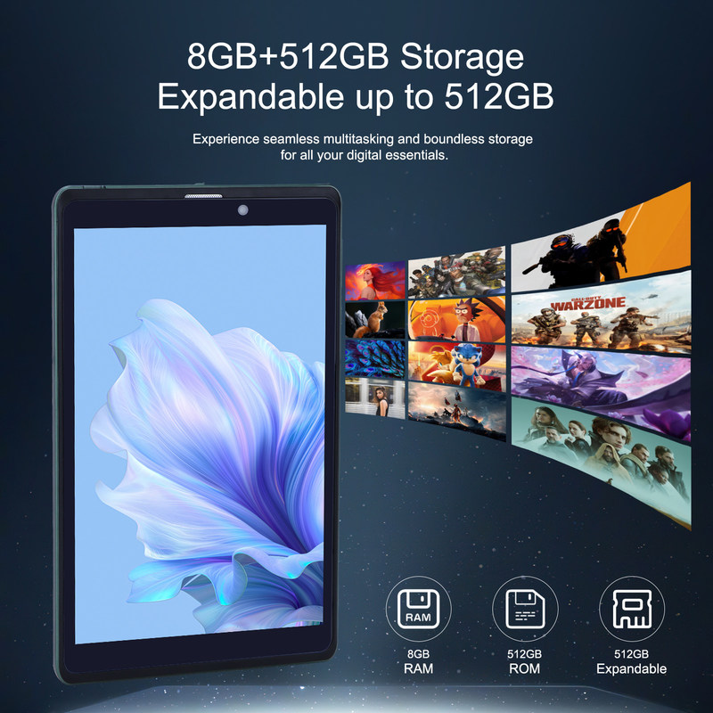 C idea 8 pollici Android Tablet PC Con Android 12 OS Quad Core CPU 8GB RAM 512GB Storage IPS HD Display CM818-Green