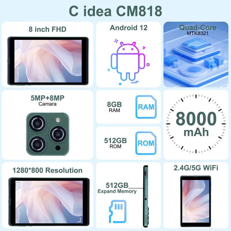 C idea 8 pollici Android Tablet PC Con Android 12 OS Quad Core CPU 8GB RAM 512GB Storage IPS HD Display CM818-Green