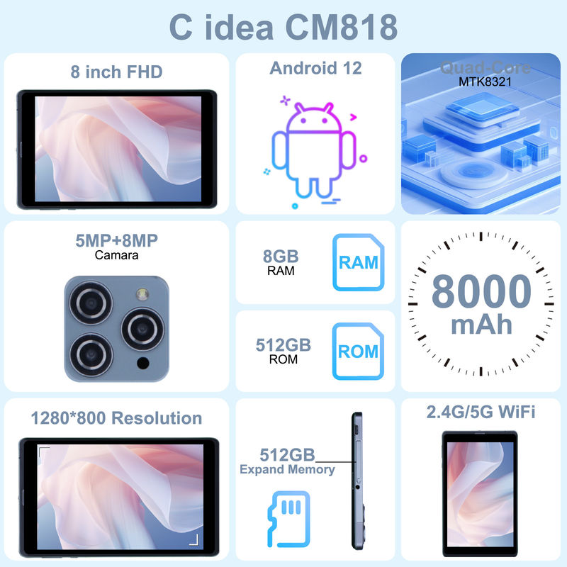 C idea Tablet Android PC con doppia fotocamera 8 pollici 1280x800 IPS HD Display Tablet Android 12 per studenti CM818-Gray
