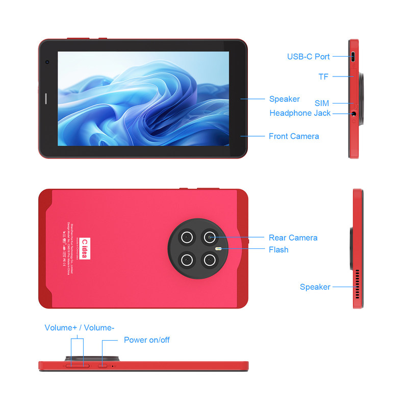 C Idea Tablet Android 13 con SIM Wifi Tablet touch screen da 7 pollici per studenti CM518 Pro rosso