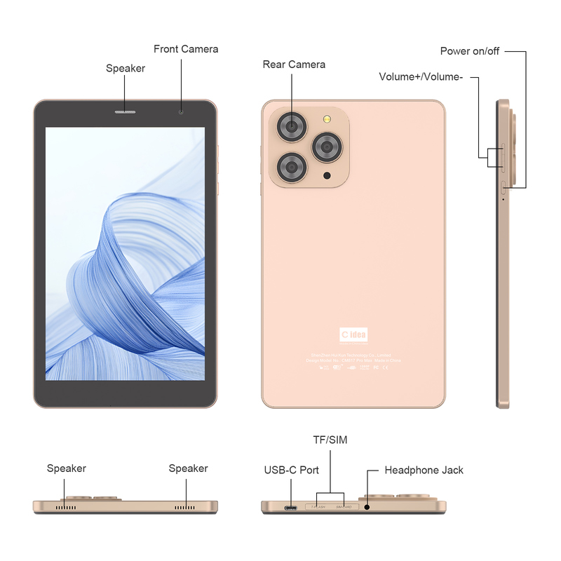 Tablet C idea da 8 pollici con Wi-Fi, 8+512GB di memoria, processore Quad Core, schermo touchscreen IPS 800x1280, dorato CM817 Pro