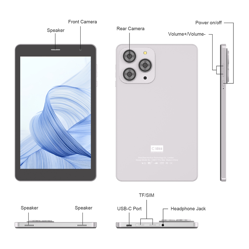 Tablet C idea da 8 pollici con Wi-Fi, 8+512GB di memoria, processore Quad Core, schermo touchscreen IPS 800x1280, argento CM817 Pro