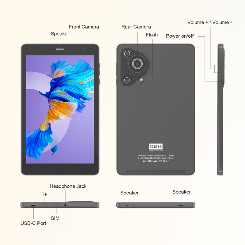 C idea Youth 8 Inch Tablet Android 15 con schermo a luce nera, WiFi, 8GB + 512GB, 800*1280 IPS incell CM828