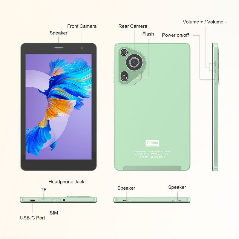 C idea Youth green 8 Inch Tablet Android 15 con slot per schede tf, WiFi,8GB +512GB, 800*1280 IPS incell CM828