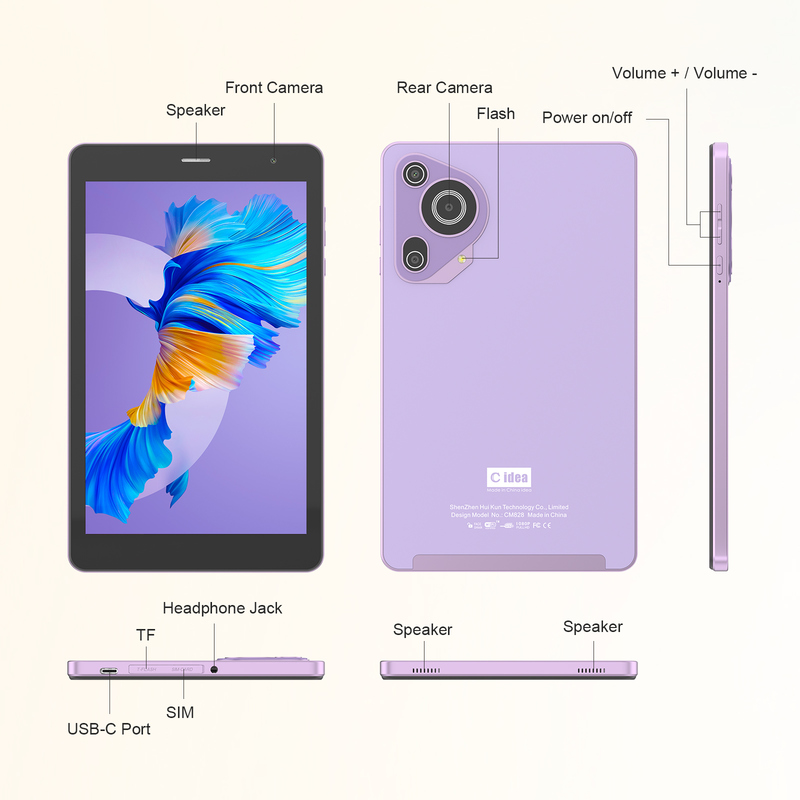 C idea Youth purple 8 Inch Tablet Android 15 con slot per schede tf, WiFi, 8GB + 512GB, 800*1280 IPS incell CM828