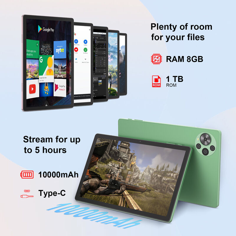 C Idea Factory Tablet da 10,36 pollici 8 GB RAM + 1 TB ROM Doppia fotocamera Tablet Android 14 con scheda SIM per adulti CM10500 Plus (Verde)